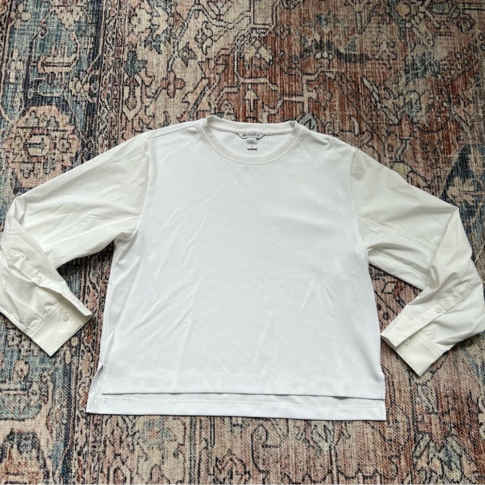 Athleta Mixed Media Long Sleeve White Pullover Sweatshirt Crew Neck Size Medium